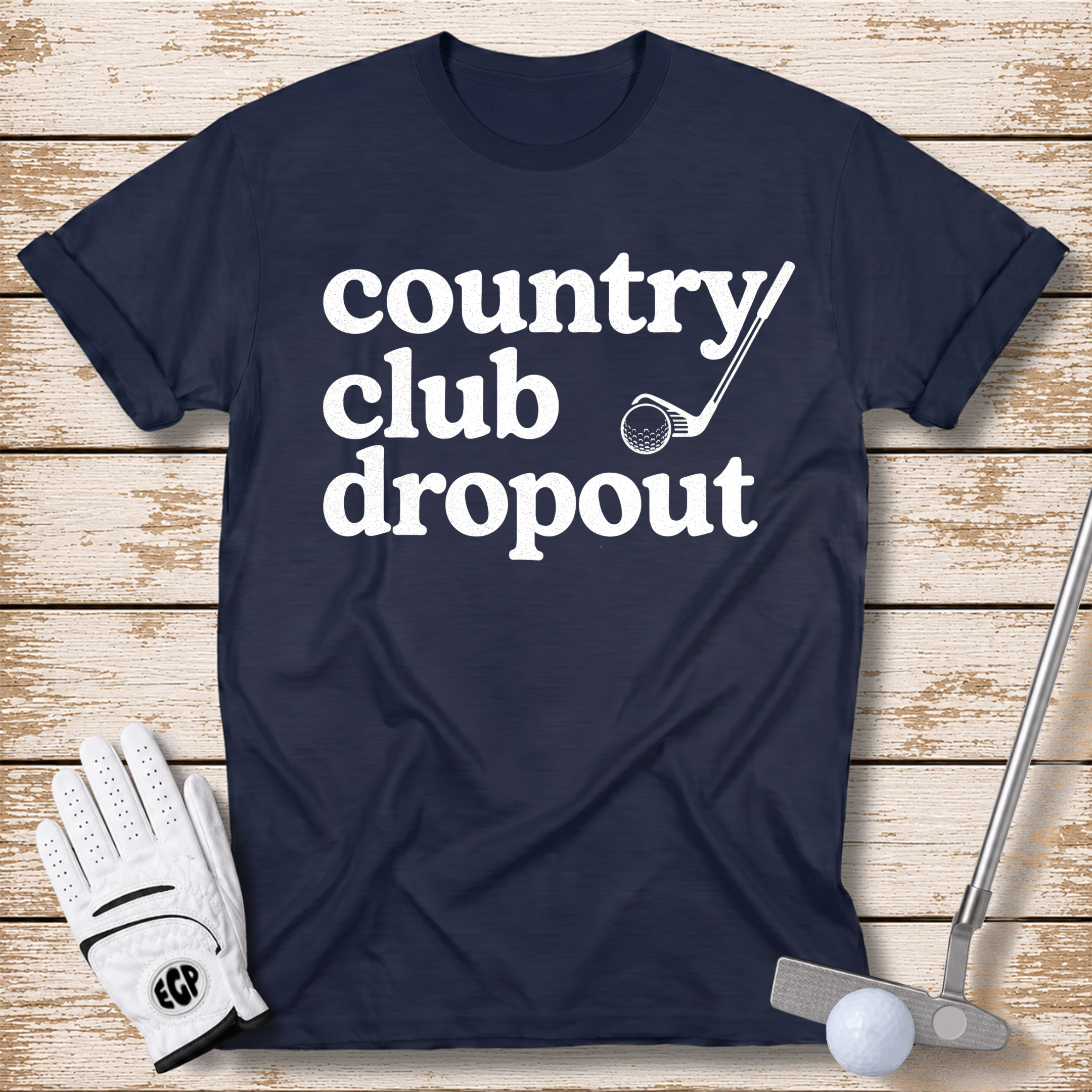 country club dropout funny golf t-shirt navy blue color elite golf pros